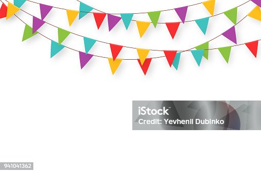 istock Carnival garland with flags. Decorative colorful party pennants for birthday celebration, festival and fair decoration. Holiday background with hanging flags 941041362