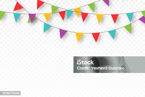 istock Carnival garland with pennants. Decorative colorful party flags for birthday celebration, festival and fair decoration. Festive background with hanging flags and pennants 1326575264
