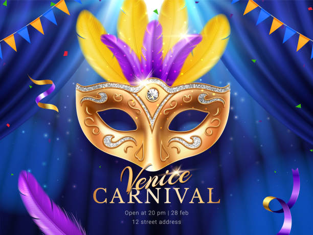 Carnival mask at mardi gras parade banner Carnival or masquerade colombina golden mask at mardi gras parade banner. Fat tuesday poster with feather and flags, crepe paper streamer and confetti. Venice party or venetian festival flyer. Holiday carnival stock illustrations