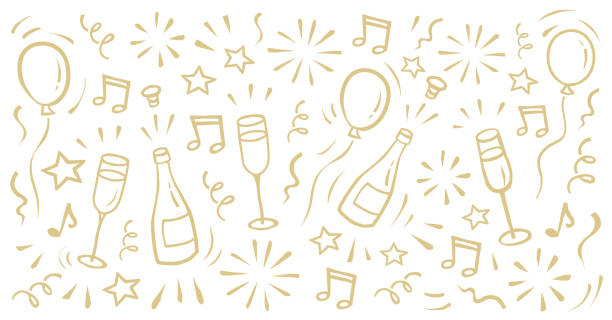 New Year's Eve background with balloons, fireworks, champagne bottle, glasses, stars. Hand-drawn graphic.You can edit the colors or sizes easily if you have Adobe Illustrator or other vector software. All shapes are vector