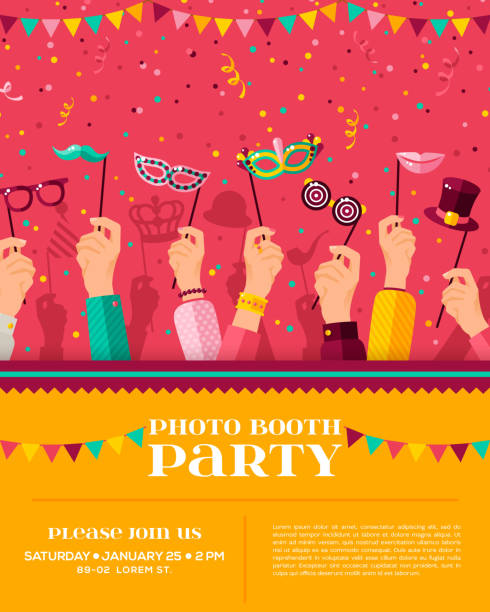 ilustrações de stock, clip art, desenhos animados e ícones de carnival photo booth party poster - friends color background