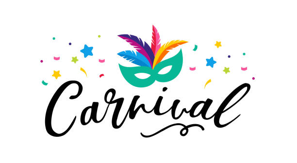 ilustrações de stock, clip art, desenhos animados e ícones de carnival poster, banner with colorful party elements - mask, confetti, stars and splashes - carnival mask