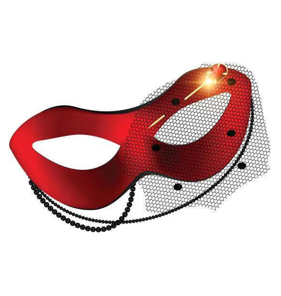 carnival red half-mask and golden pin white background, red-black carnival half mask with jewel pin, beads and veil flag half mast stock illustrations