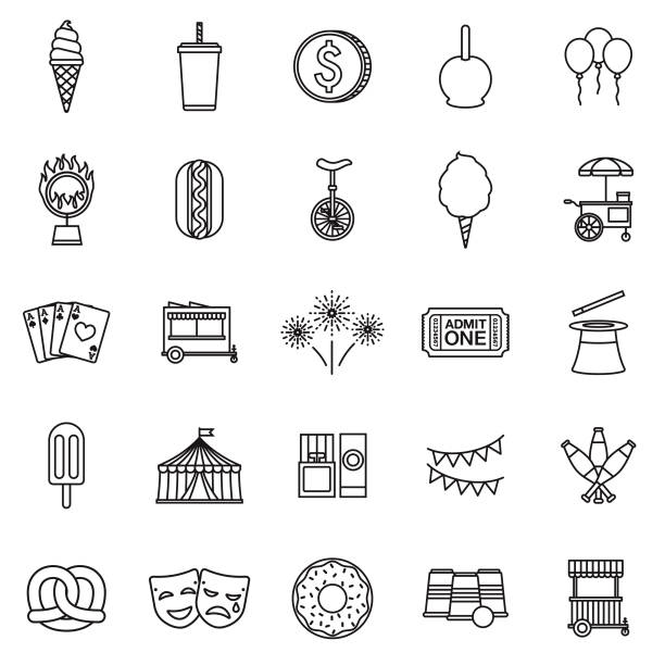 Carnival Thin Line Outline Icon Set A group of 25 black and white thin line icons. File is built in the CMYK color space for optimal printing, with 100% black and white swatches. Icons are grouped and easy to isolate. candy clipart stock illustrations