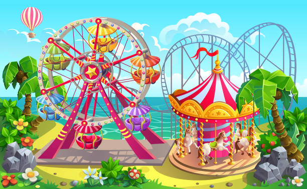 Carousel, ferris wheel, roller coaster. Amusement park on tropical beach. Carousel, ferris wheel, roller coaster. Vector illustration. carousel horses stock illustrations