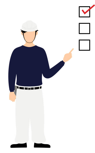 Carpenter man pose, Pointing to a checklist Carpenter man pose, Pointing to a checklist construction worker safety checklist stock illustrations