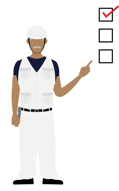 Carpenter senior man pose, Pointing to a checklist Carpenter senior man pose, Pointing to a checklist construction worker safety checklist stock illustrations
