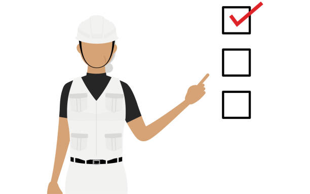 Carpenter senior woman pose, Pointing to a checklist Carpenter senior woman pose, Pointing to a checklist construction worker safety checklist stock illustrations