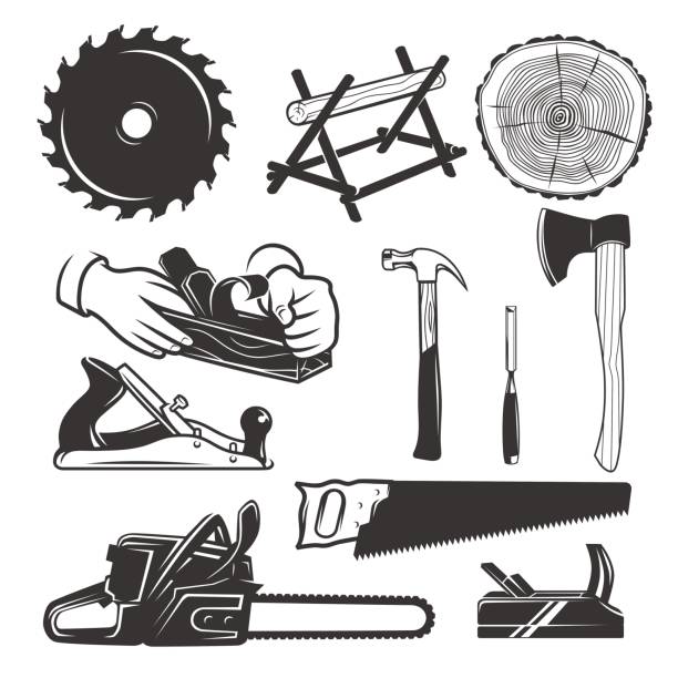Carpentry tools. icon templates. Black and white vector objects electric saw stock illustrations