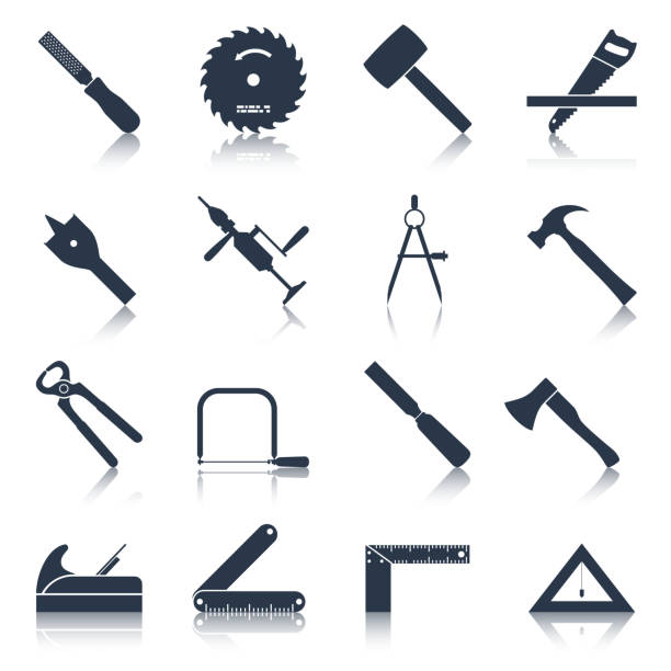 carpentry tools icons black Carpentry wood work tools and equipment black icons set isolated vector illustration hammer stock illustrations