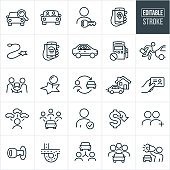 A set of car pooling icons that include editable strokes or outlines using the EPS vector file. The icons include a search for a carpool or rideshare, two people carpooling, driver with a car key, booking a ride on a smartphone, destination marker, ride in front of home, hand holding drivers license, lower cost, road, and people riding in the same car among others.