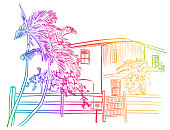 Residential building with small fence in tropical climate.  Illustration of a house with palm tree in the frontyard