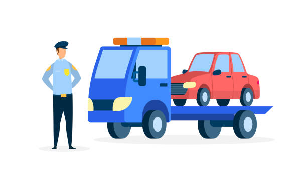 Carrier Evacuating Sedan Flat Vector Illustration Carrier Evacuating Sedan Flat Vector Illustration. Police Officer in Uniform Cartoon Character. Law Enforcer, Lorry Transporting Automobile. Parking Rules Violation. Tow Truck Transporting Car tow truck police stock illustrations