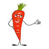 Carrot with face in flat design on white background. Vector illustration