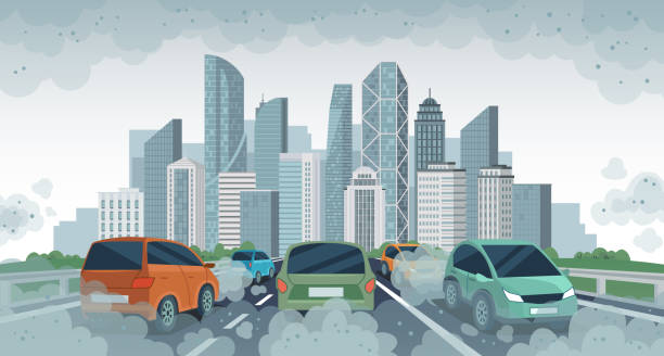 Cars air pollution. Polluted air environment at city, vehicle traffic and toxic pollution. Car with carbon dioxide clouds, vector concept Cars air pollution. Polluted air environment at city, vehicle traffic and toxic pollution. Car with carbon dioxide clouds, vector concept. Pollution from vehicle, automobile transport illustration air pollution stock illustrations