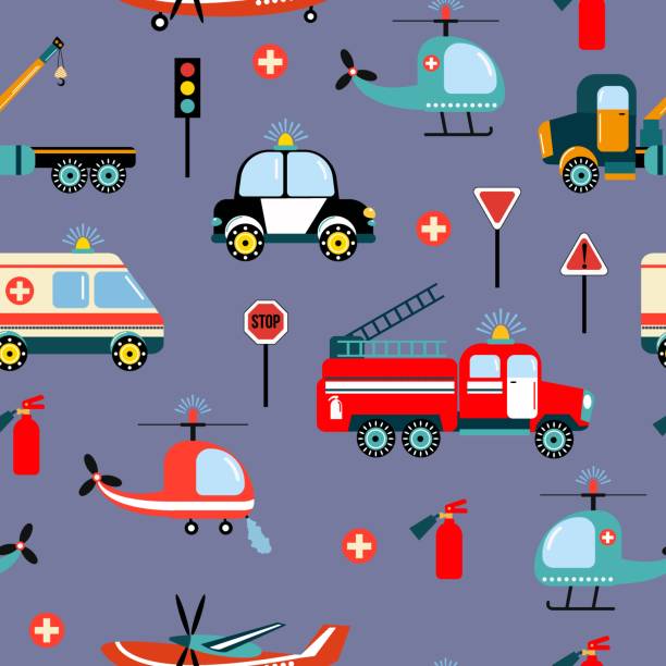 Cars are rescuers. Seamless pattern with rescue equipment. Design of fabrics, textiles, wallpaper, packaging, decoration of a children's room. Cars are rescuers. Seamless pattern with rescue equipment. Design of fabrics, textiles, wallpaper, packaging, decoration of a children's room. tow truck police stock illustrations