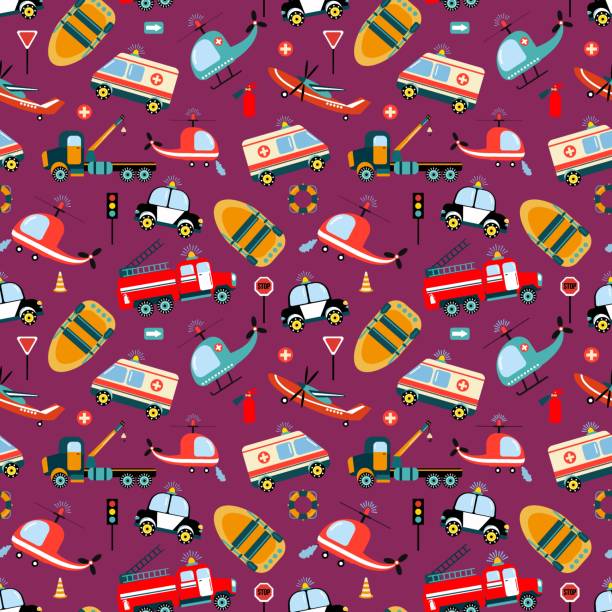 Cars are rescuers. Seamless pattern with rescue equipment. Cars are rescuers. Seamless pattern with rescue equipment. Design of fabrics, textiles, wallpaper, packaging, decoration of a children's room. tow truck police stock illustrations
