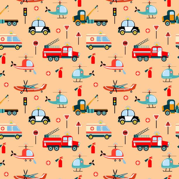 Cars are rescuers. Seamless pattern with rescue equipment. Cars are rescuers. Seamless pattern with rescue equipment. Design of fabrics, textiles, wallpaper, packaging, decoration of a children's room. tow truck police stock illustrations