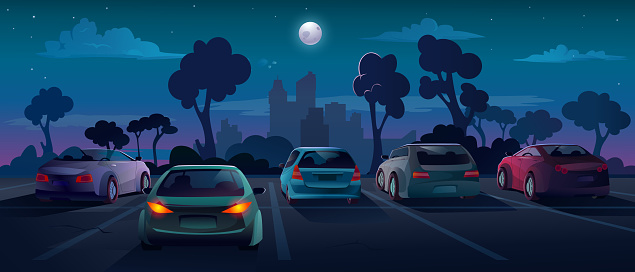 Cars at parking lot in night city street, vector background flat cartoon illustration. Outdoor parking lot and cars with taillight on, automobiles backs on parking, city night with moon and trees