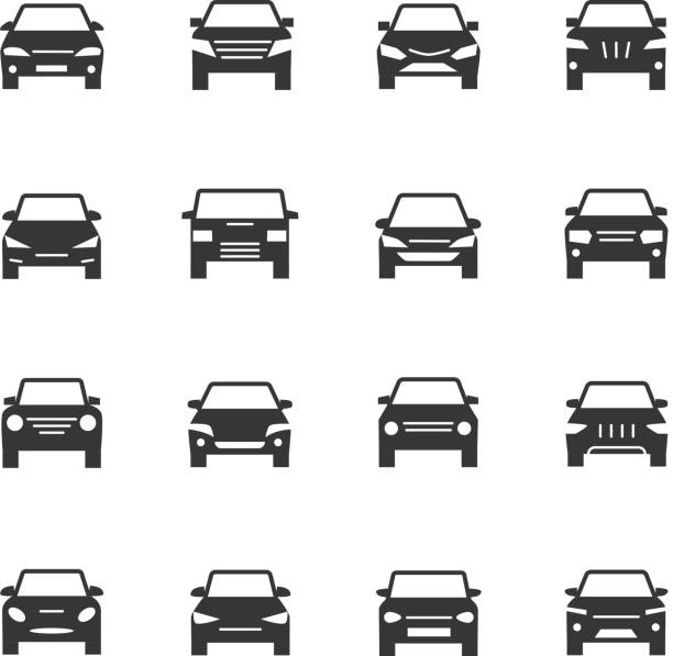 Cars front view signs. Vehicle black silhouette vector icons isolated on white background Cars front view signs. Vehicle black silhouette vector icons isolated on white background. Automobile icon, auto vehicle symbol illustration sports utility vehicle stock illustrations