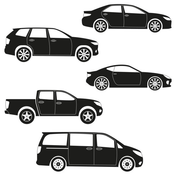 Cars icon set: sedan, suv, van, pickup, coupe, sport car. Side view. Vehicle silhouettes. Vector illustration. Cars icon set: sedan, suv, van, pickup, coupe, sport car. Side view. Vehicle silhouettes. Vector illustration. sports utility vehicle stock illustrations