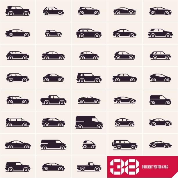 Cars icons set, different vector cars Cars icons set, different vector car types silhouettes traffic silhouettes stock illustrations