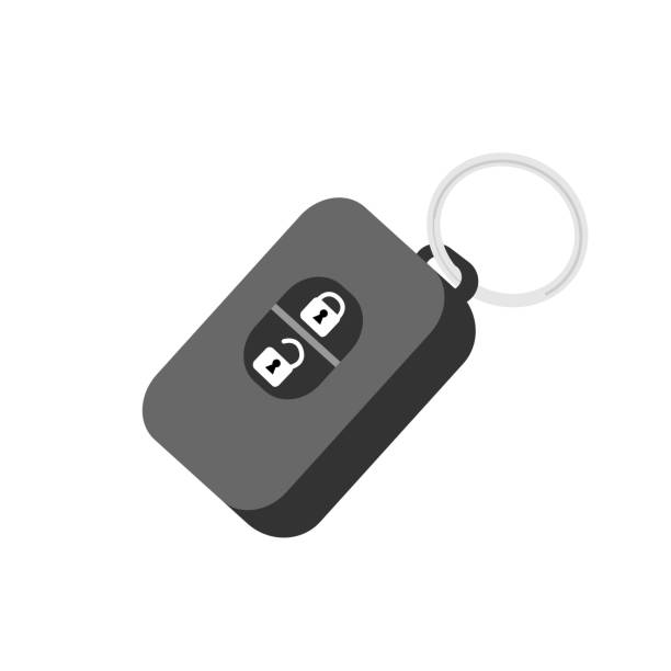 Cars key flat vector with two buttons unlock and lock Car key on a key ring isolated flat vector. Two buttons with lock and unlock signs open car door stock illustrations