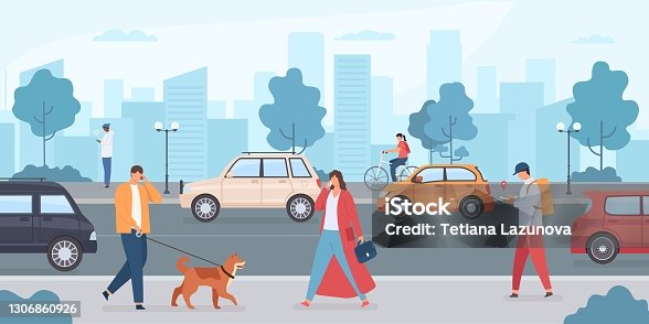 istock Cars on city road. People walking with dog and riding bike on street. Urban infrastructure and transport traffic. Flat vector driverless car 1306860926