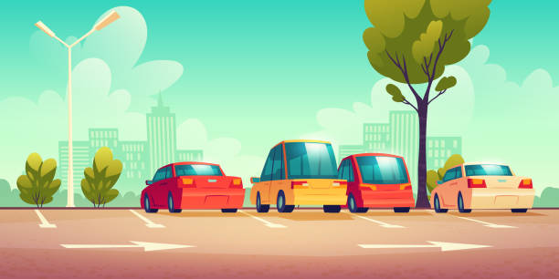 Cars on city street parking with road marking Cars on city street parking with road marking. Vector cartoon illustration with modern automobiles parked in town and cityscape on background. Urban landscape with vehicles and buildings hatchback stock illustrations