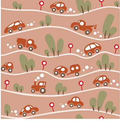 Cars on the road. Funny seamless pattern.