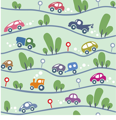 Cars on the road. Funny seamless pattern.