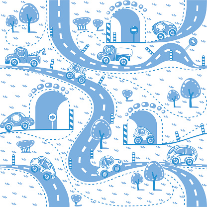Cars on the road. Seamless pattern.
