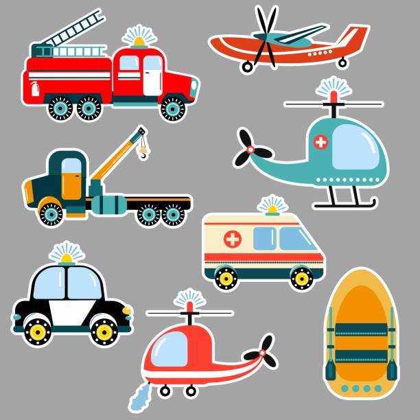 Cars stickers - rescuers. Illustration for children. Flat style. Vector illustration. Cars stickers - rescuers. Illustration for children. Flat style. Vector illustration. tow truck police stock illustrations