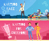Colorful cartoon set of horizontal banners with kart racing winners isolated vector illustration