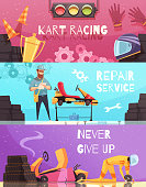 Horizontal banners set with kart racing apparel and repair service cartoon isolated vector illustration