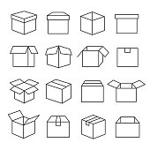 Carton boxes icon set. Paper box collection for packaging goods and materials, used for sending items through the postal services. Vector line art illustration isolated on white background
