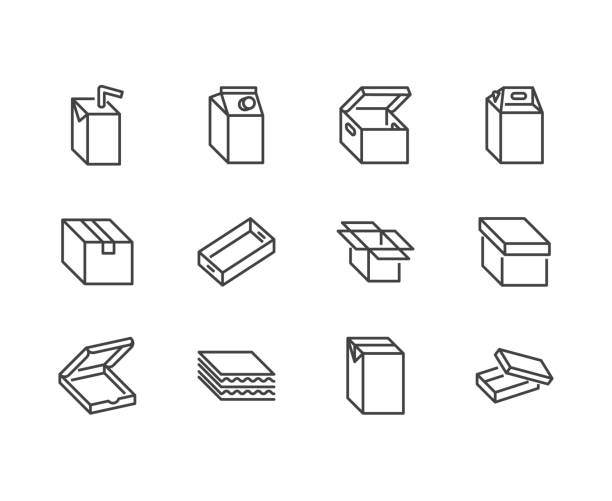 ilustrações, clipart, desenhos animados e ícones de conjunto de ícones de linha plana da caixa. caixa de papelão, suco, pacote de leite, embalagem de pizza, entrega caixas ilustração em vetor. sinais de finos serviço, negócios de pacote de envio. pixel perfect 64 x 64. cursos editáveis - caixa de leite