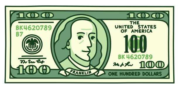 Cartoon 100 dollar bill Cartoon hand drawn 100 dollar bill with stylized Franklin portrait. Play money or fake banknote vector illustration. american one hundred dollar bill stock illustrations