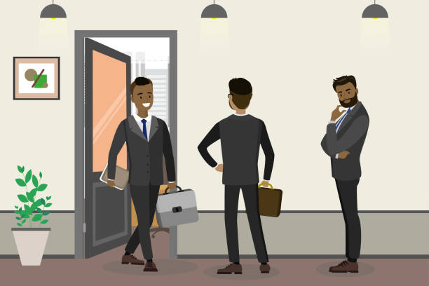 illustrazioni stock, clip art, cartoni animati e icone di tendenza di vignetta uomo d'affari afroamericano e persone in attesa vicino all'ufficio - corridoio ufficio