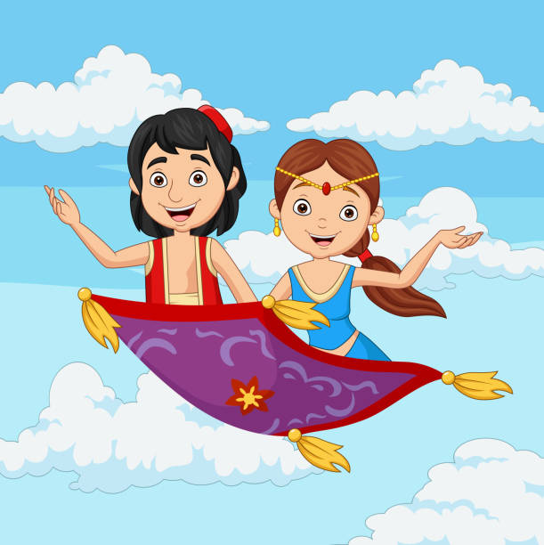 ilustrações de stock, clip art, desenhos animados e ícones de cartoon aladdin and jasmine travelling on flying carpet - aladdin illustration
