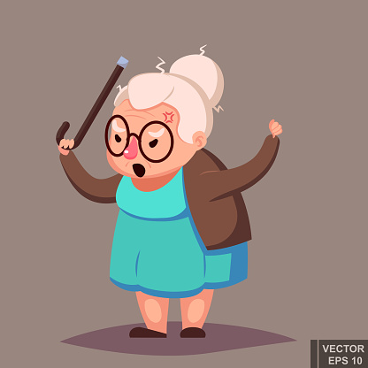 Cartoon Angry Old Woman Brandishing Her Cane Senior Lady With Stock