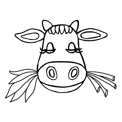 Cartoon animal head of a cow chewing grass,isolated on a white background.Vector illustration in doodle style.It can be used in packaging of dairy products,textiles.