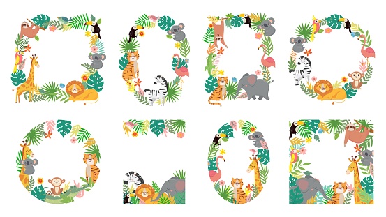 Cartoon animals frame. Jungle animal in tropical leaves, cute frames with tiger, lion, giraffe and elephant vector illustration set