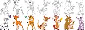 Cartoon jungle animals set. Zebra and butterfly, young deer, giraffe and dragonfly, kangaroo, horse, wild boar with acorn, donkey. Coloring book pages for kids.