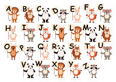 istock Cartoon animals with alphabet letters banner. Template lion with poster greets amazed squirrel with training font. 1343288930