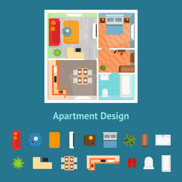 Cartoon Apartment Floor Plan Top View and Elements. Vector Cartoon Apartment Floor Plan Top View and Elements Card Poster Living Rooms Concept Flat Design Style. Vector illustration of Floorplan bathroom door signs drawing stock illustrations