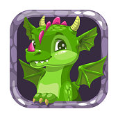 Cartoon app icon with funny green young dragon. Vector application store asset. Game logo example.