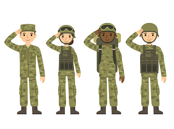 Cartoon army people US Army soldiers, men and woman, in camouflage combat uniform saluting. Cute flat cartoon style. Isolated vector illustration. army stock illustrations
