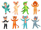 Cartoon baby animal costumes. Cute girl in panda costume, little boy in elephant suit and kids party mascot. Halloween, pajama or birthday party dress. Isolated vector illustration icons set