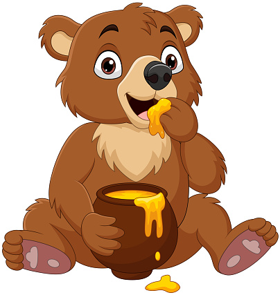 Cartoon baby bear sitting and eating honey from the pot